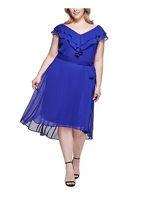 DKNY Womens Blue Lined Tie Belt Cap Sleeve + Flare Dress Plus 16W