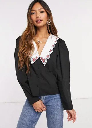 Черная хлопковая рубашка с контрастной вышивкой на воротнике ASOS DESIGN-Черный