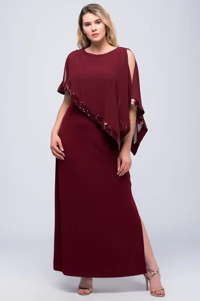 Женское вечернее платье большого размера из бордового шифона и пайеток 65n23491 Şans, бордовый