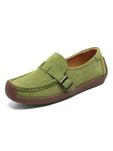 Milanoo Women Loafers Green Suede Leather Round Toe Flat Casual Shoes