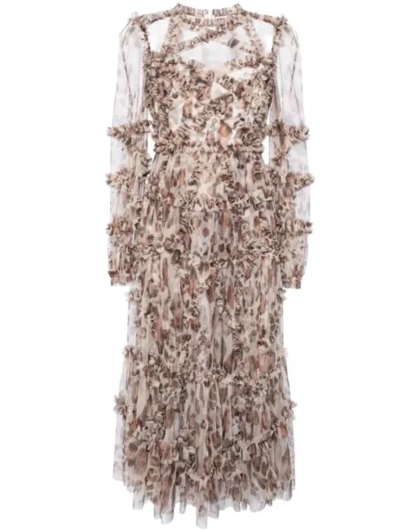 Needle & Thread платье Leopard Diamond Ruffle Ballerina, коричневый