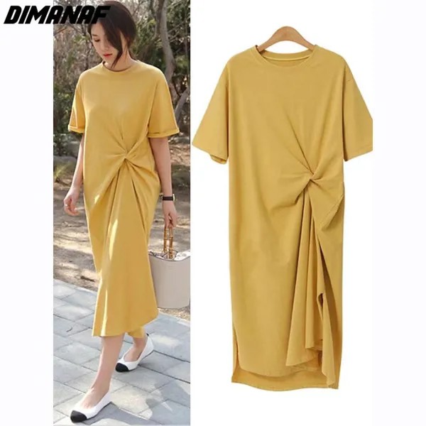 DIMANAF 2023 Plus Size Новый летний стиль Женская футболка Платье Повседневная Свободная одежда Праздник Длинный Базовый Оверсайз Желтый