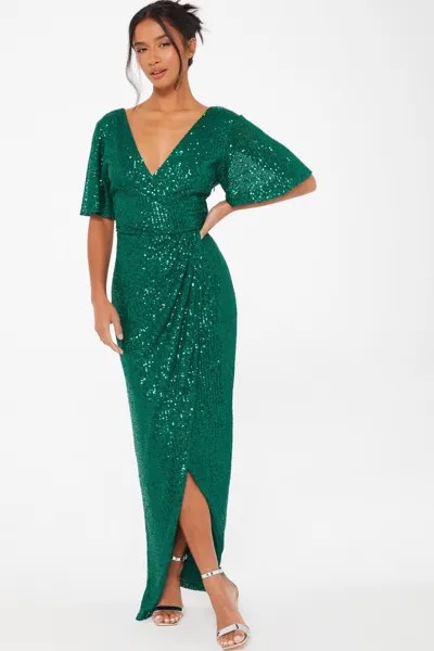 Платье-макси Petite Bottle Green Sequin с запахом QUIZ Clothing