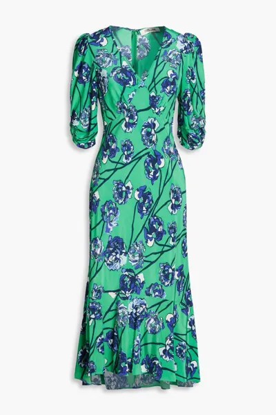 Атласное платье миди Tati со сборками и цветочным принтом Diane Von Furstenberg, зеленый
