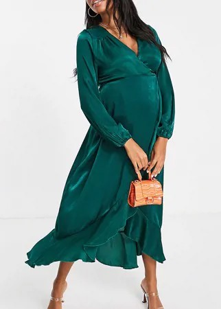Изумрудно-зеленое платье макси на запах с длинными рукавами Flounce London Maternity-Зеленый цвет