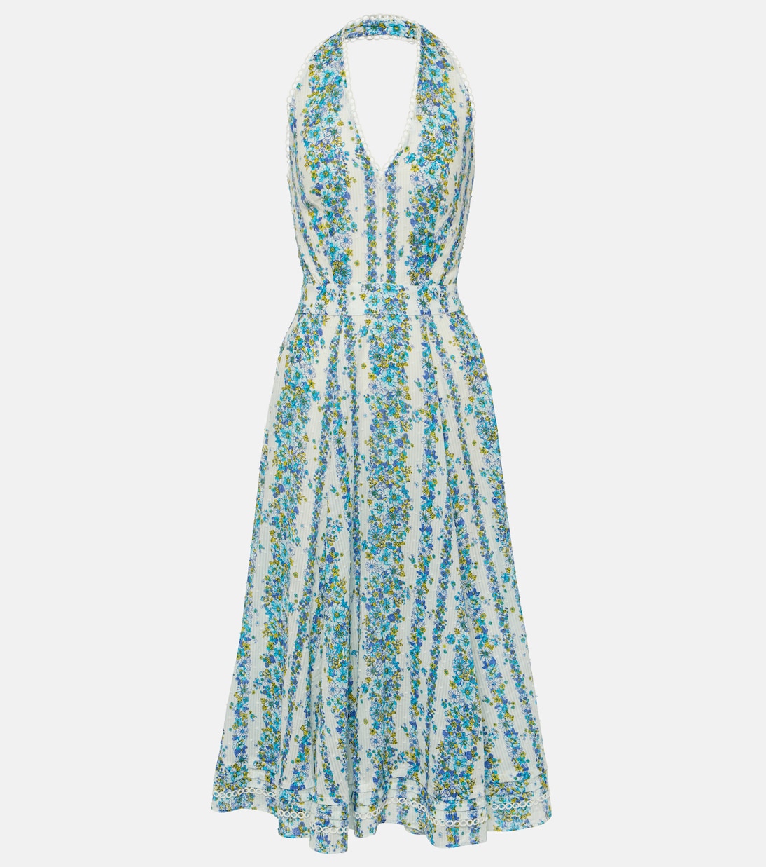 Хлопковое платье миди beth с воротником-халтер и цветочным принтом Poupette St Barth, синий