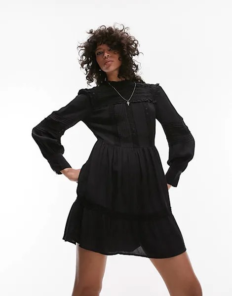Черное кружевное платье мини с защипами и кокеткой Topshop