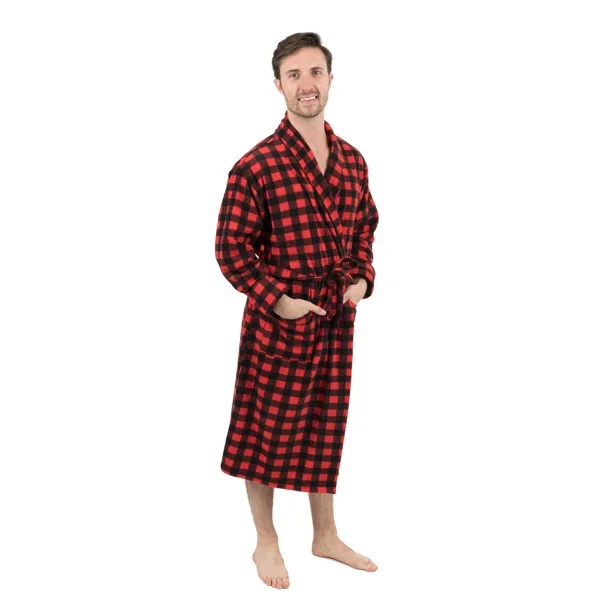 Рождественский мужской флисовый халат в клетку Leveret, цвет Plaid Black & Red