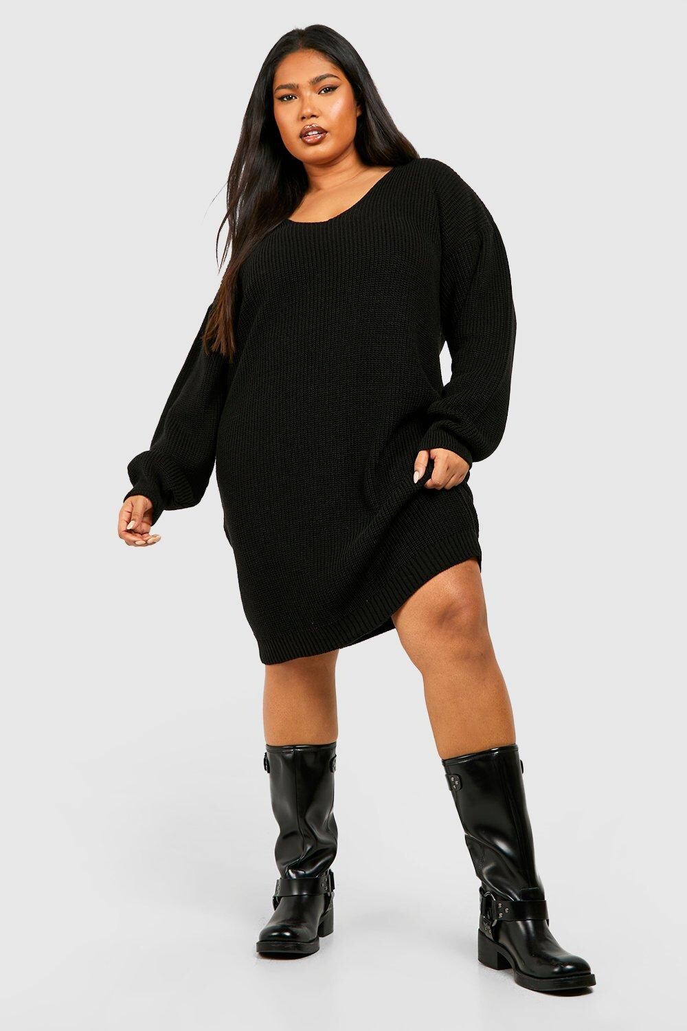 Мини-платье-джемпер с V-образным вырезом Plus boohoo, черный