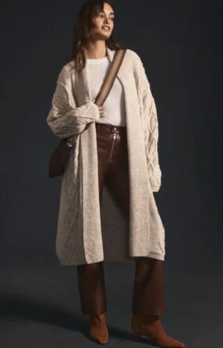 Кардиган вязанной вязки Anthropologie Maxi, свитер с открытой передней частью, овсяный песочный S, НОВИНКА