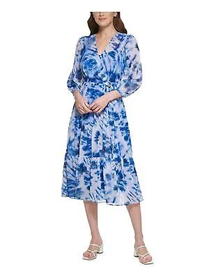 CALVIN KLEIN Женская синяя юбка с поясом и рукавами-фонариками Midi Fit + Flare Dress 6
