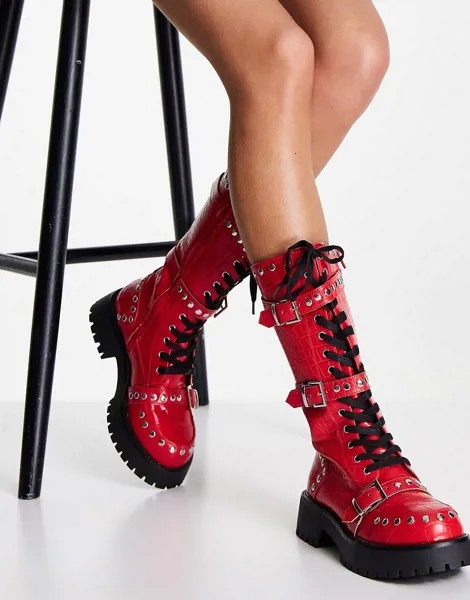Красные массивные ботинки на шнуровке с заклепками и эффектом крокодиловой кожи ASOS DESIGN Cyber-Красный