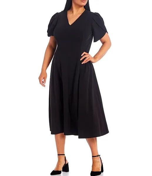 Черное платье миди с расклешенными рукавами-тюльпанами Calvin Klein, большие размеры 20W