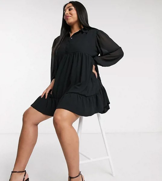 Черное свободное платье-рубашка с пуговицами In The Style Plus x Jac Jossa-Черный цвет