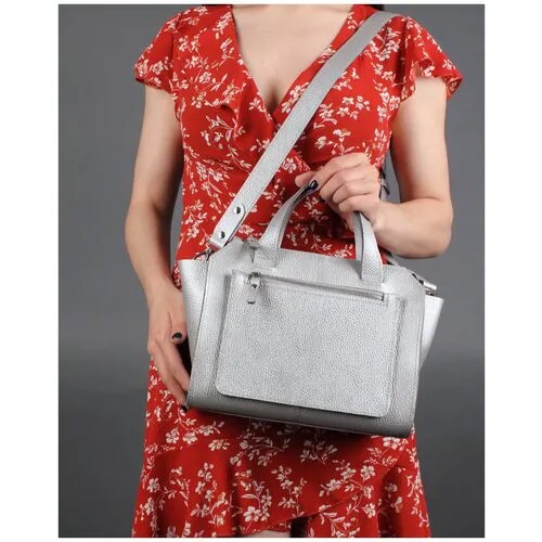 Женская сумка тоут из натуральной кожи серебристая A018 silver mini grain Divalli