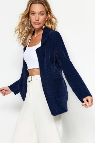 Кардиган Trendyol Furry Knitwear в форме жакета, темно-синий