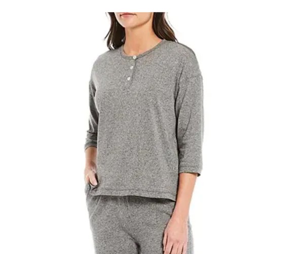 PAPINELLE Серый эластичный трикотажный пижамный топ с заниженными плечами и рукавами 3/4, XS