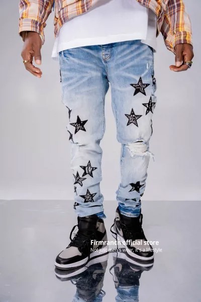 Новые оранжевые кожаные джинсы firmранчо со звездами для мужчин и женщин 2022 уличные рваные джинсовые брюки с пейсли-рисунком облегающие Стре...