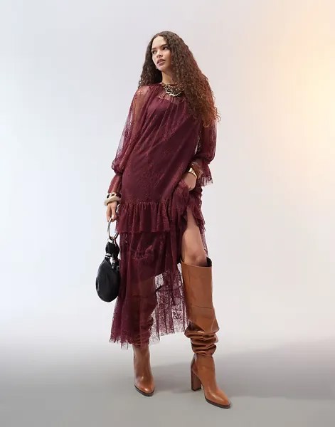 Бордовое платье макси Bardot с рюшами ASOS DESIGN