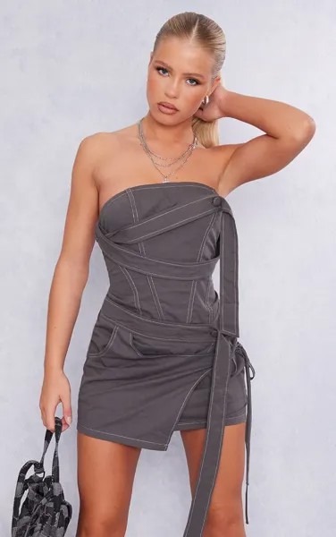 PrettyLittleThing Темно-угольная юбка с контрастной строчкой и бретелями с запахом Облегающее платье-бандо