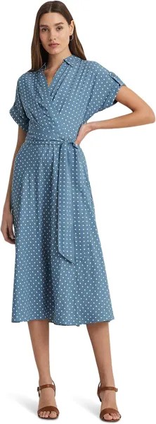Платье LAUREN Ralph Lauren Polka-Dot Belted Crepe Dress, цвет Blue/Cream