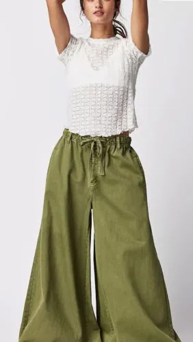 Free People Clover Широкие однотонные брюки с эластичной резинкой на талии и шнурком Оливковый L NWT