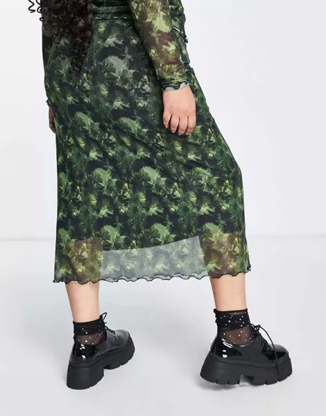 Сетчатая юбка миди зеленого цвета с цветочным принтом Reclaimed Vintage Plus