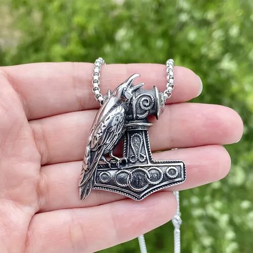Колье Молот Тора с вороном, серебряный