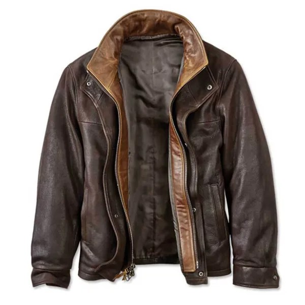 Мужская куртка Trucker кожаная винтажная с воротником-стойкой на открытом воздухе темно-коричневая