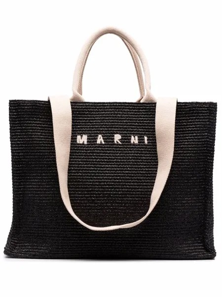 Marni logo-embroidered raffia tote bag