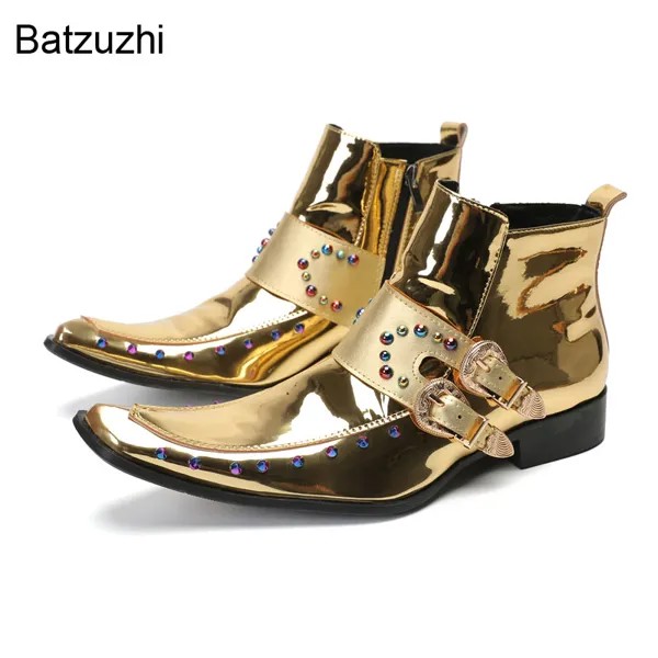Batzuzhi Новые мужские ботинки ручной работы рок индивидуальные золотые кожаные ботильоны для мужчин на молнии с пряжкой с ремешком для вечеринки/свадьбы ботинки!