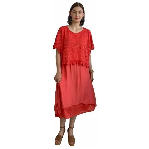 Платье-майка Эпизод, трапециевидный силуэт, миди, подкладка, размер 54, коралловый, красный