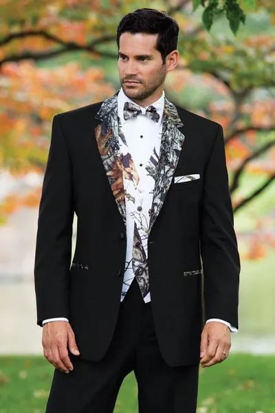 Новинка камуфляжные мужские смокинги для жениха шаль с вырезом на лацкане мужские костюмы Свадебный блейзер (пиджак + брюки + жилет + галстук) C319