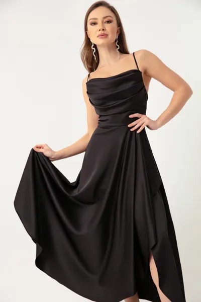 Женское черное атласное вечернее платье миди с разрезом и воланами, вечернее платье и выпускное платье Lafaba, черный