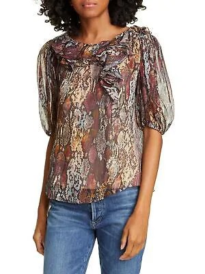 REBECCA TAYLOR Женский черный вечерний топ с рюшами и животным принтом Jewel Neck Top L