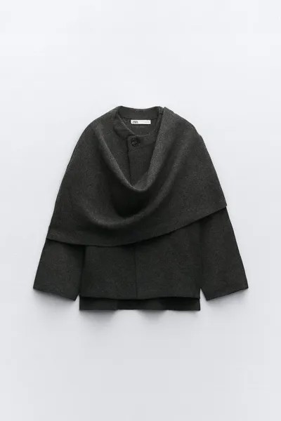 Короткое трикотажное пальто с асимметричным шарфом ZARA, серый