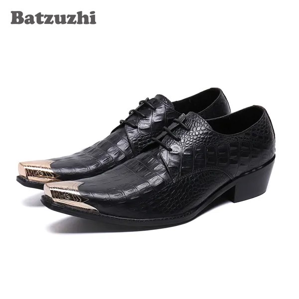 Batzuzhi японский тип Мужская обувь с острым металлическим носком Кожаные Классические мужские туфли на шнуровке деловые кожаные туфли вечерние ринки и свадьбы!