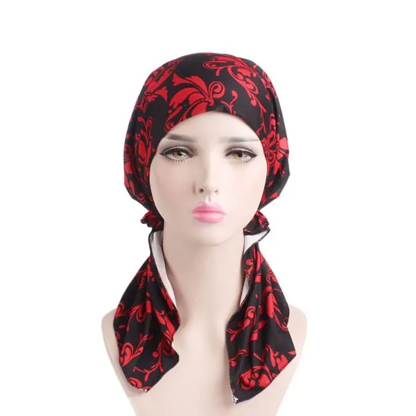 1шт женщины многоцветный принт длинный хвост Индия мусульманин эластичный тюрбан шляпа головной платок обертывание