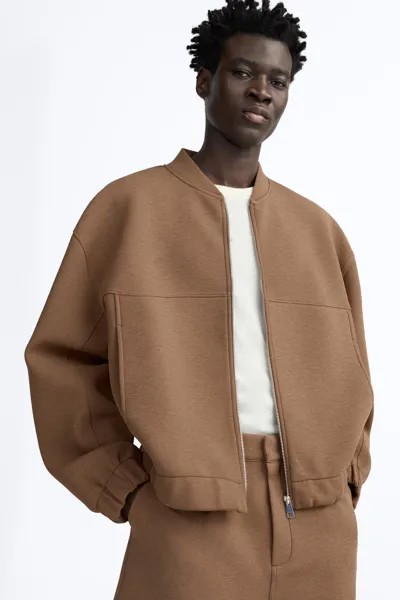 Куртка-бомбер с тектурой ZARA, коричневый