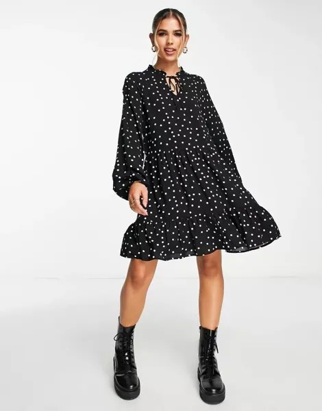 Свободное мини-платье Vero Moda со складками и воротником-стойкой в ​​горошек