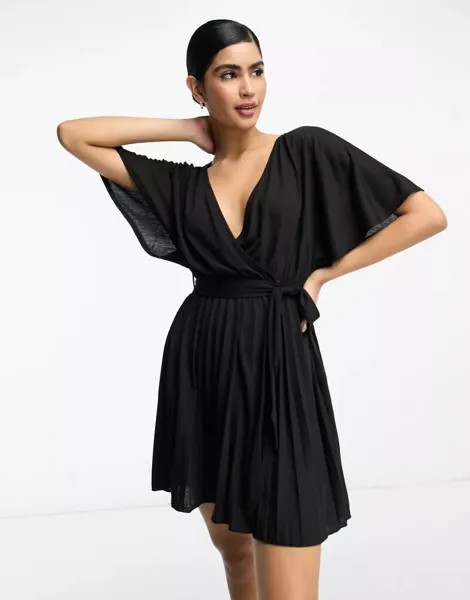 Плиссированное мини-платье с запахом и короткими рукавами ASOS