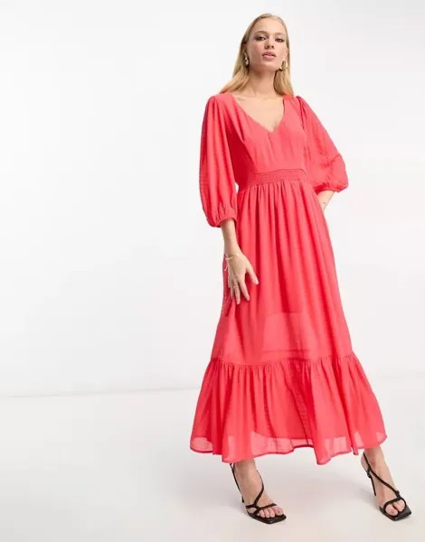 Красное структурированное платье миди в стиле бохо с объемными рукавами French Connection