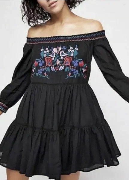 Мини-платье Free People Sunbeam с открытыми плечами и цветочной вышивкой, L NWT