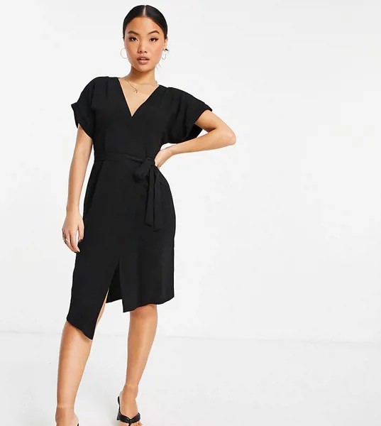 Черное платье миди с запахом ASOS DESIGN Petite-Черный