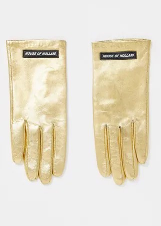 Золотые кожаные перчатки с логотипом House of Holland-Коричневый цвет