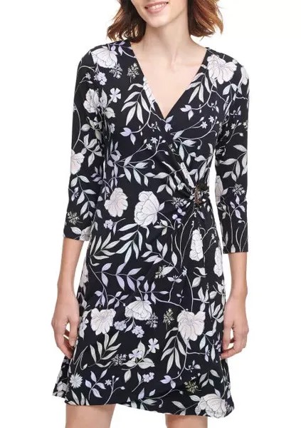 CALVIN KLEIN NWT Modern ЧЕРНОЕ МУЛЬТИ-платье с запахом и цветочным принтом, размер L