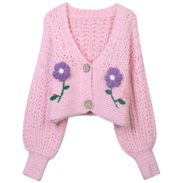 Женский свитер ручной работы, розовый кардиган, трикотажная верхняя одежда, осень-зима, японский и корейский стиль