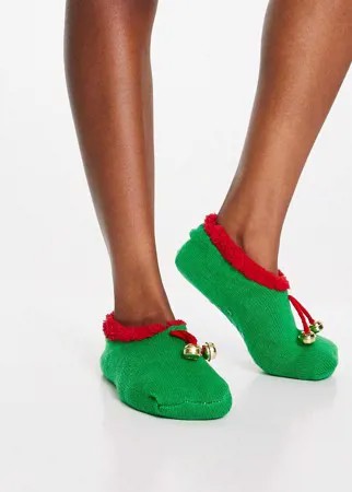 Новогодние носки-слиперы с бубенчиками зеленого и красного цвета Brave Soul Elf-Красный