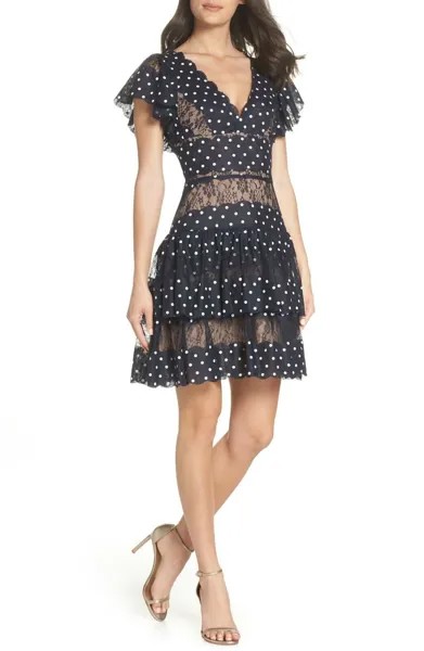 BRONX - BANCO Темно-синее многослойное кружевное платье в горошек BATTISTA Fit Flare Dress L AUS / UK12 US8