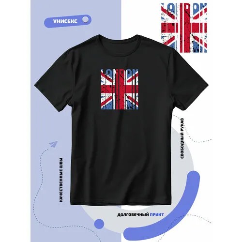 Футболка надпись London в виде флага Великобритании, размер S, черный